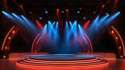 Aufkleber - A Photorealistic 3D Rendering of an Empty Stage Bathed in Vibrant Colors, Creating an Atmosphere of Anticipation and Excitement. The Spotlight Shines with a Cool Blue Hue, Contrasting with the Dynamic