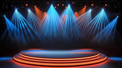 Aufkleber - A Photorealistic 3D Rendering of an Empty Stage Bathed in Vibrant Colors, Creating an Atmosphere of Anticipation and Excitement. The Spotlight Shines with a Cool Blue Hue, Contrasting with the Dynamic
