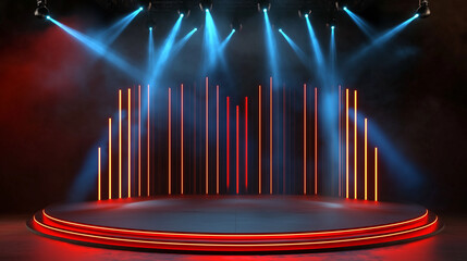 Aufkleber - A Photorealistic 3D Rendering of an Empty Stage Bathed in Vibrant Colors, Creating an Atmosphere of Anticipation and Excitement. The Spotlight Shines with a Cool Blue Hue, Contrasting with the Dynamic