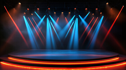 Aufkleber - A Photorealistic 3D Rendering of an Empty Stage Bathed in Vibrant Colors, Creating an Atmosphere of Anticipation and Excitement. The Spotlight Shines with a Cool Blue Hue, Contrasting with the Dynamic