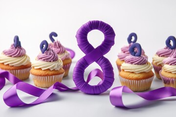 Wall Mural - Colorful cupcakes with vibrant purple frosting and matching ribbons, perfect for parties or desserts