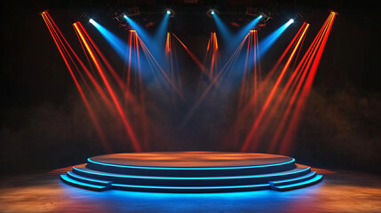 Aufkleber - A Photorealistic 3D Rendering of an Empty Stage Bathed in Vibrant Colors, Creating an Atmosphere of Anticipation and Excitement. The Spotlight Shines with a Cool Blue Hue, Contrasting with the Dynamic