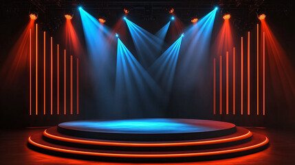 Aufkleber - A Photorealistic 3D Rendering of an Empty Stage Bathed in Vibrant Colors, Creating an Atmosphere of Anticipation and Excitement. The Spotlight Shines with a Cool Blue Hue, Contrasting with the Dynamic
