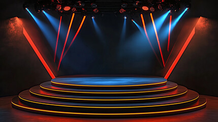 Aufkleber - A Photorealistic 3D Rendering of an Empty Stage Bathed in Vibrant Colors, Creating an Atmosphere of Anticipation and Excitement. The Spotlight Shines with a Cool Blue Hue, Contrasting with the Dynamic