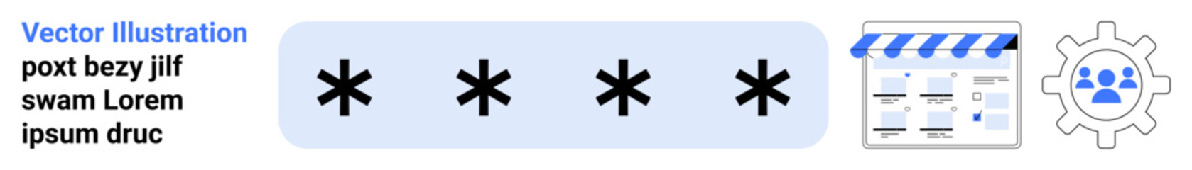 Four asterisks representing password concealment, movie script window, gear icon with group avatar. Ideal for cybersecurity, user interfaces, team collaboration, system settings, privacy