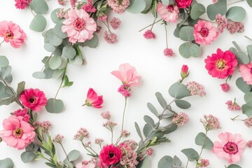 Wall Mural - A bouquet of bright pink flowers arranged on a clean white surface