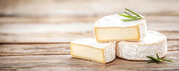 Fototapete - Local dairy products at the fresh market. Creamy cheese wedges stacked on a rustic wooden surface, garnished with fresh herbs for a natural touch.