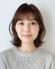 Wall Mural - A Japanese woman In her 30's , with a hairstyle for short hair, against a plain white background. she is wearing gray knit.