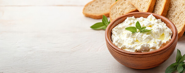 Fototapete - Local dairy products at the fresh market. Creamy cottage cheese served in a rustic bowl with fresh bread slices and mint leaves on a wooden background.