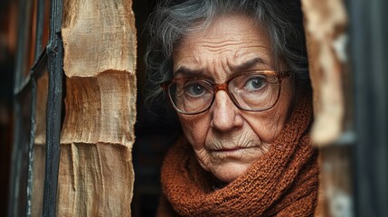 Wall Mural - A woman with glasses and a scarf is looking out a window. She is in a contemplative mood