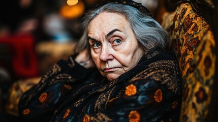 Wall Mural - A woman with a black and orange scarf is sitting on a couch. She has a serious expression on her face