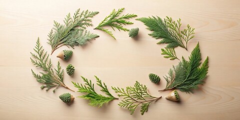 Aufkleber - A Festive Arrangement of Evergreen Sprigs and Cones on a Light Wooden Surface