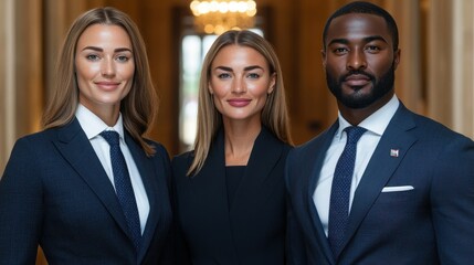 Wall Mural - Three people in suits and ties pose for a photo. The man is wearing a tie with a zebra pattern