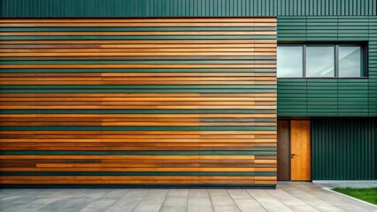 Poster - Modern Architectural Exterior with Horizontal Wood and Metal Cladding Featuring a Wooden Door and Window