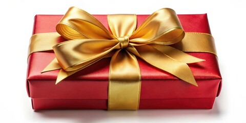 Aufkleber - A luxuriously wrapped crimson gift box adorned with a radiant golden satin ribbon and bow, a symbol of festive elegance and celebratory surprise.