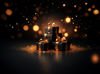 Sticker - elegant black gift boxes stacked with golden ribbons on a dark background sprinkled with golden glit