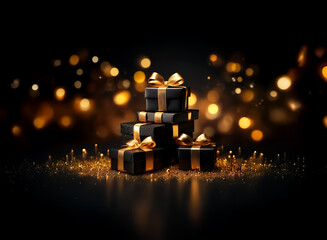 Sticker - elegant black gift boxes with golden ribbons stacked against a dark backdrop, illuminated by soft go