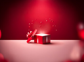 Sticker - a red gift box slightly opened, emitting bright light and sparkles, sits on a light pink surface aga