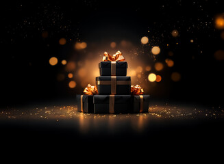 Wall Mural - Three black gift boxes stacked with golden ribbons are illuminated against a dark backdrop with sparkling bokeh lights, creating a festive and elegant atmosphere.