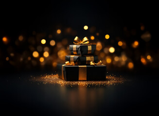 Wall Mural - three stacked presents wrapped in black paper and tied with golden ribbons are illuminated against a