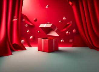 Poster - red curtains reveal an open gift box on a stage. floating ornaments and ribbons decorate a vibrant r