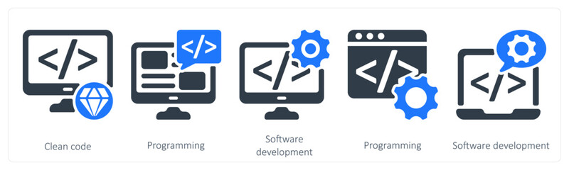 A set of 5 seo icons asclean code, programming, software development 
