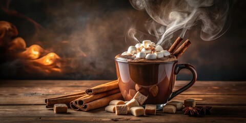 Poster - Warm, Steaming Mug of Cocoa Topped with Marshmallows and Cinnamon Sticks on Wooden Table