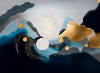 Wall Mural - abstract painting featuring swirling blue and gold shapes reminiscent of mountains and clouds, with 
