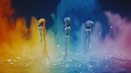 Poster - Colorful water drops rising in vibrant background, studio shot, abstract art