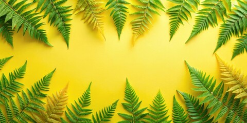 Aufkleber - Vibrant Green and Golden Fern Fronds Arranged on a Sunny Yellow Background, Creating a Natural Frame for Text or Images