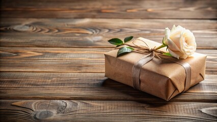 Poster - A delicately wrapped gift rests on a rustic wooden surface, adorned with a single, creamy rose, symbolizing thoughtful remembrance and heartfelt appreciation