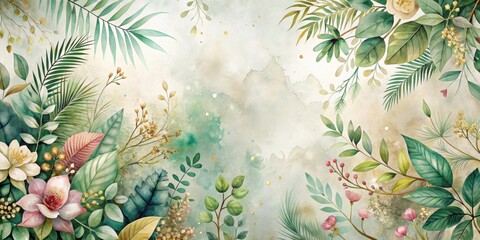 Aufkleber - Serene Botanical Watercolor Painting Featuring Lush Greenery and Delicate Blooms, Ideal for Home Decor or Artistic Projects