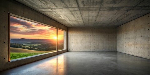 Wall Mural - Vast Concrete Room with Panoramic Sunset View