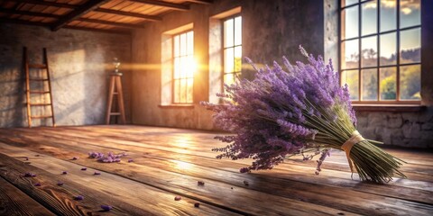 Aufkleber - Sunlit Lavender Bouquet on Rustic Wooden Floor in a Room with Large Windows