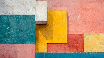 Wall Mural - Colorful geometric shapes on textured wall, outdoor, sunlight, abstract art, design