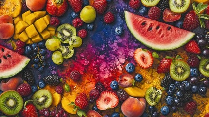 Wall Mural - Colorful fruit arrangement, vibrant background, food photography, healthy eating