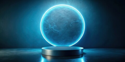 Poster - Futuristic Cylindrical Display Platform Illuminated by a Vibrant Blue Circular Light Source Against a Dark Textured Background
