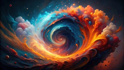 Wall Mural - celestial vortex a swirling cosmic nebula of vibrant hues, fiery oranges and cool blues merging in a