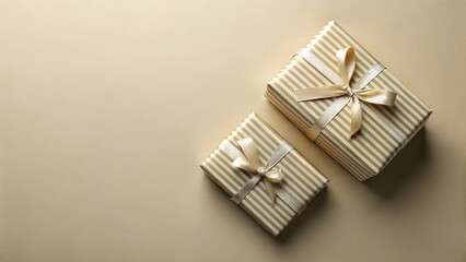 Aufkleber - Elegant striped gift boxes with satin ribbons on a neutral background, perfect for celebratory occasions and conveying a sense of luxury and sophistication.