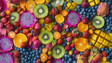 Wall Mural - Colorful fruit flatlay; vibrant mix of strawberries, kiwi, oranges, dragon fruit, and blueberries; healthy eating concept; food blog