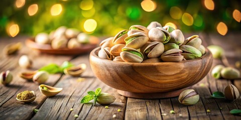 Poster - A wooden bowl overflowing with shelled pistachios, scattered nuts and leaves on a rustic wooden surface with a blurred bokeh background