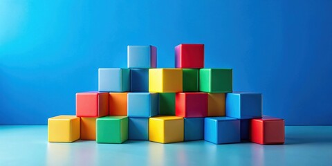 Aufkleber - Colorful blocks arranged in a pyramid shape against a vibrant blue background, showcasing a playful and creative composition.