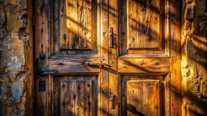 Leinwandbilder - Golden Sunlight Illuminates an Aged Wooden Door, Showing its Rich Texture and History