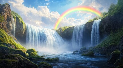 Wall Mural - Majestic waterfall rainbow landscape, serene nature, idyllic scene, travel poster