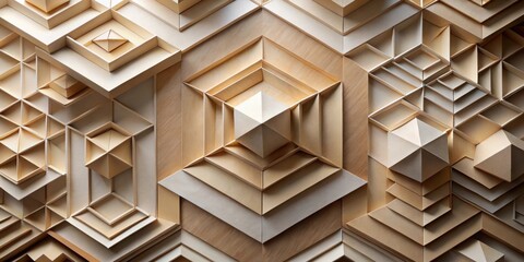 Leinwandbilder - Abstract Beige Geometric Wooden Panel Composition Featuring Interlocking Shapes and Textured Surfaces