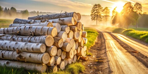 Poster - Golden Hour Lumber Stack Beside Rural Dirt Road
