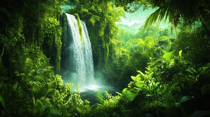 Wall Mural - Lush jungle waterfall, scenic background, tranquility, nature travel