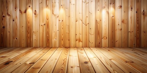 Poster - Warm Wooden Room Interior with Light Accents and Empty Floor Space Ideal for Product Placement or Design Presentation
