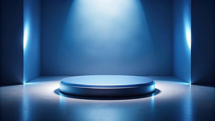 Poster - Elevated Circular Platform in a Blue Room with Subtle Lighting
