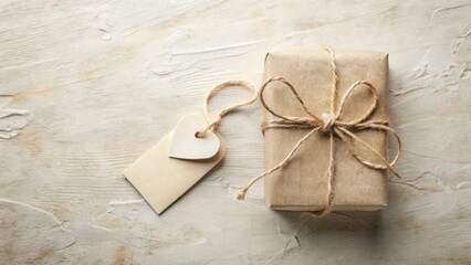 Wall Mural - Rustic Gift Presentation A Simple Brown Package Tied with Jute Twine and Adorned with a Heart-Shaped Tag on a Textured Surface